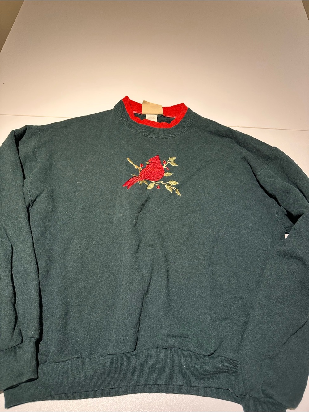Forest Green Crewneck Sweatshirt with Red Cardinal Embroidery